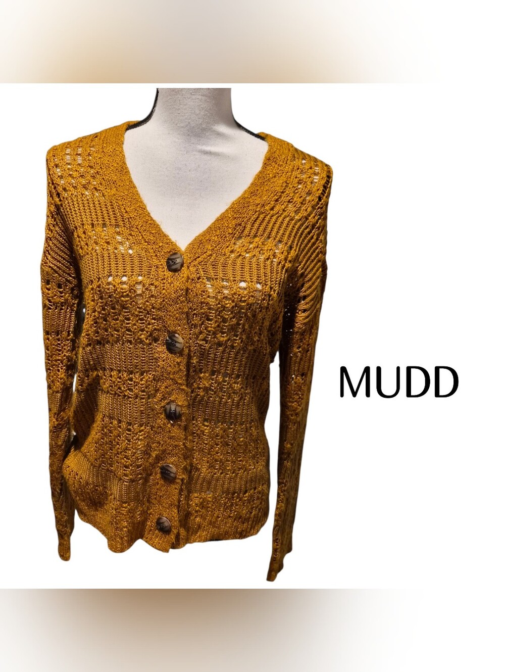 Mudd Open-Knit V-Neck Button Cardigan in Mustard Size Small